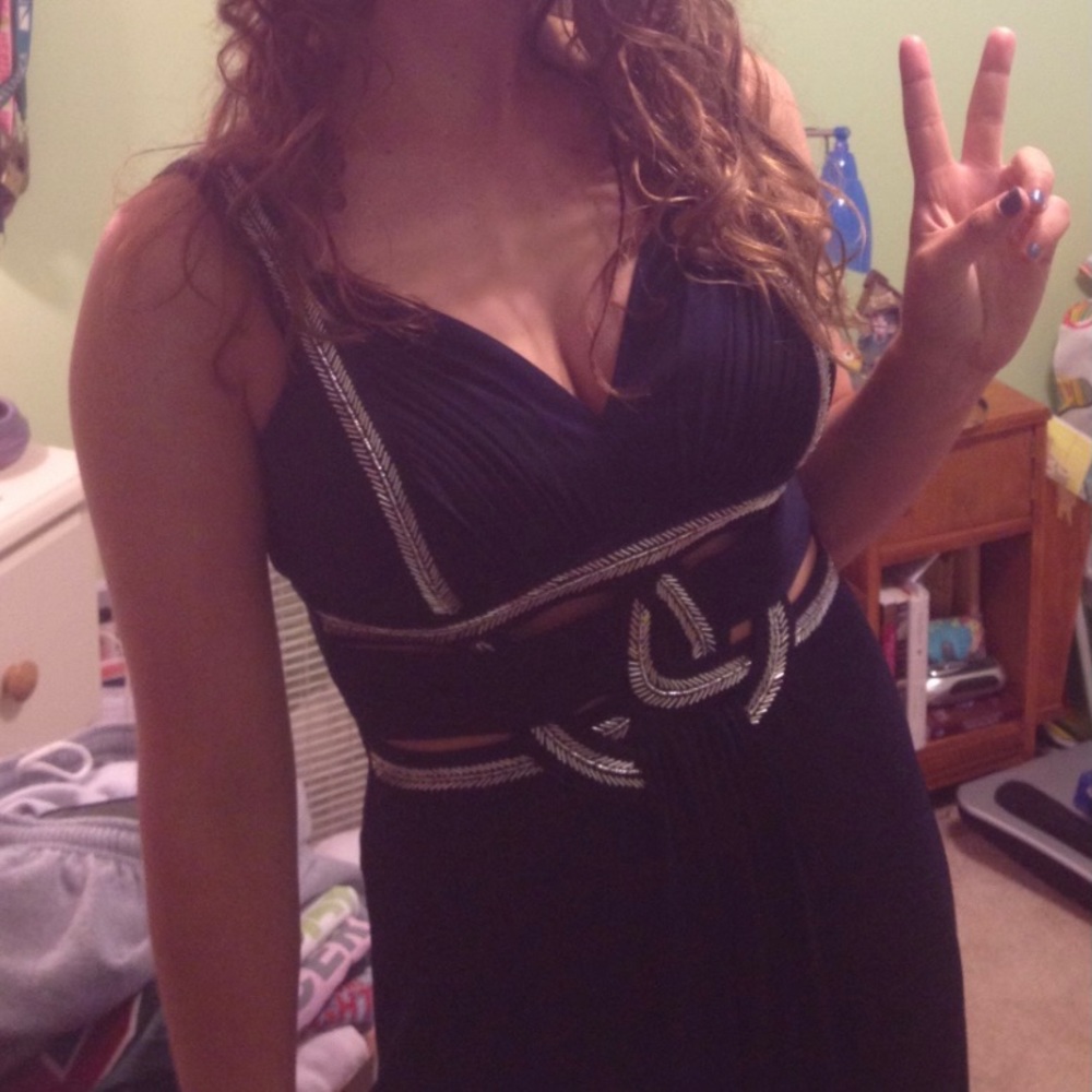 Guess navy blue beaded-trim cutout maxi dress